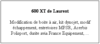 Zone de Texte: 600 XT de Laurent 
Modification de boite  air, kit dynojet, modif chappement, entretoises MPSR, Acerbis Polisport, durite avia France Equipement, ...
